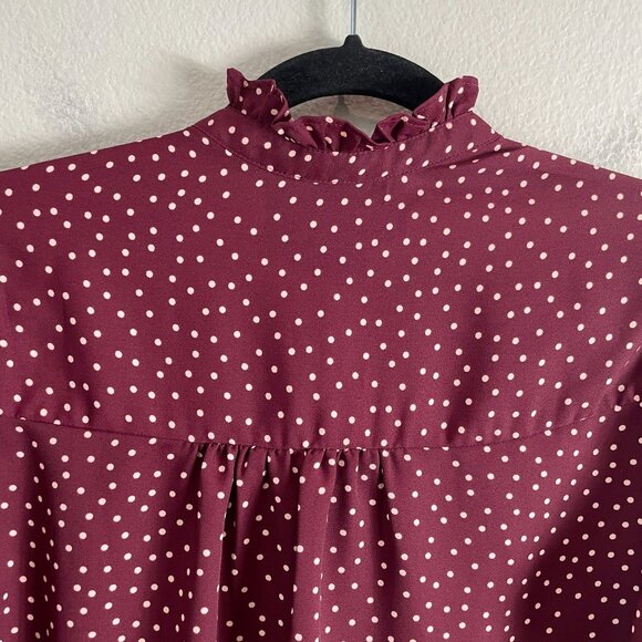Express Portofino Shirt Womens XS Polka Dot Blouse Burgundy White Ruffle Neck - Picture 10 of 10